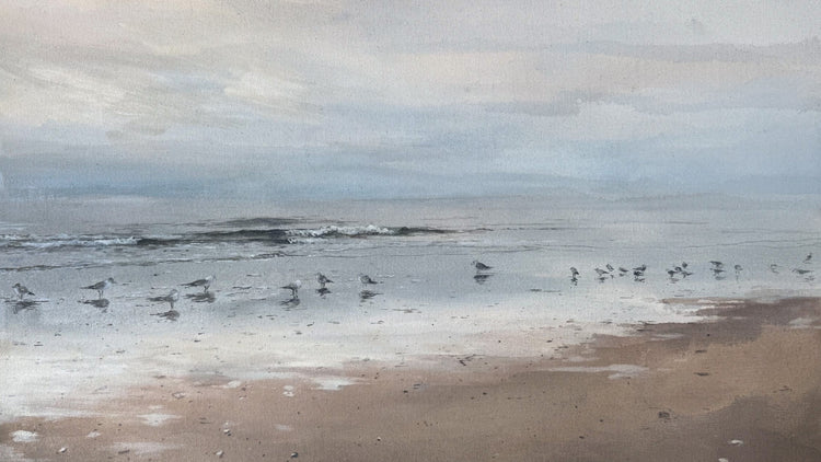 Seagulls on a beach with a calm sea and cloudy sky