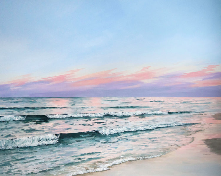 Pink and purple sunset painting of the 30A Beach coast by artist Brynn Casey